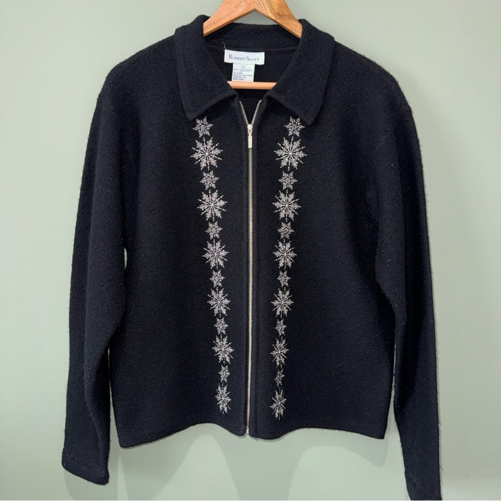 Robert Scott Black Boiled Wool Embroidered Full Zip Collared Sweater Jacket L